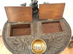 Antique Carved Wood Black Forest 3 Bears Table Music Box Tree Trunk Base Smokers