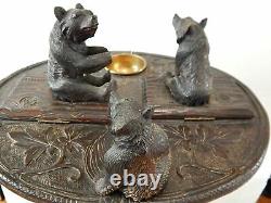 Antique Carved Wood Black Forest 3 Bears Table Music Box Tree Trunk Base Smokers