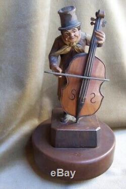 Antique Carved Wood Figure-Germany-Italy-Bowerymusic box-10-bass -cello