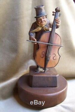 Antique Carved Wood Figure-Germany-Italy-Bowerymusic box-10-bass -cello