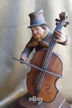 Antique Carved Wood Figure-Germany-Italy-Bowerymusic box-10-bass -cello