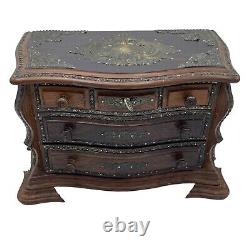 Antique Dark Wood Chest Jewelry Box Locking Music Metal Mounts Footed