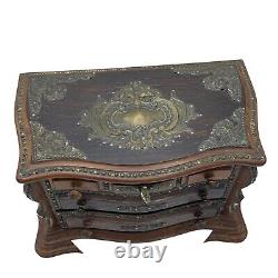 Antique Dark Wood Chest Jewelry Box Locking Music Metal Mounts Footed