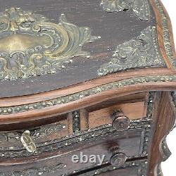 Antique Dark Wood Chest Jewelry Box Locking Music Metal Mounts Footed