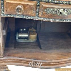 Antique Dark Wood Chest Jewelry Box Locking Music Metal Mounts Footed