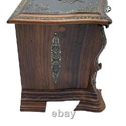 Antique Dark Wood Chest Jewelry Box Locking Music Metal Mounts Footed