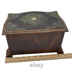 Antique Dark Wood Chest Jewelry Box Locking Music Metal Mounts Footed