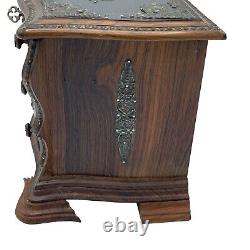 Antique Dark Wood Chest Jewelry Box Locking Music Metal Mounts Footed