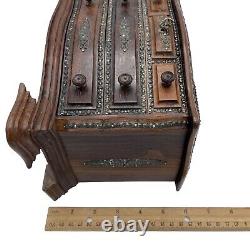 Antique Dark Wood Chest Jewelry Box Locking Music Metal Mounts Footed
