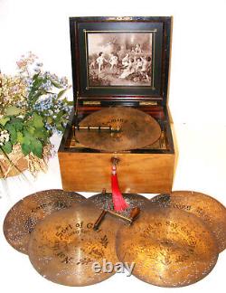 Antique Disc Playing Mahogany Music Box By Polyphon Plus 20-11 Discs