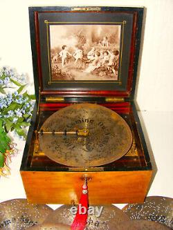 Antique Disc Playing Mahogany Music Box By Polyphon Plus 20-11 Discs