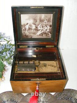 Antique Disc Playing Mahogany Music Box By Polyphon Plus 20-11 Discs