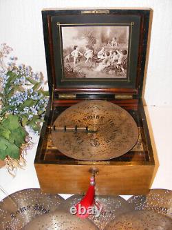 Antique Disc Playing Mahogany Music Box By Polyphon Plus 20-11 Discs