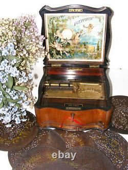 Antique Disc Playing Serpenine Music Box By Polyphon Plus 18 Discs