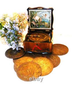 Antique Disc Playing Serpenine Music Box By Polyphon Plus 18 Discs