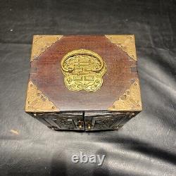 Antique Edelweiss 3 Drawer Music Box Wood W Jade Inserts 7 H 5.5 W 4.5 L