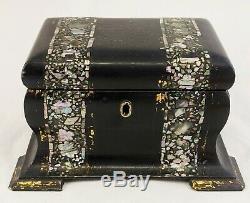 Antique FRENCH Black Lacquered & MOTHER OF PEARL PAPER MACHE MUSIC JEWELRY BOX
