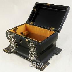 Antique FRENCH Black Lacquered & MOTHER OF PEARL PAPER MACHE MUSIC JEWELRY BOX