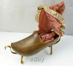Antique French Peasant Wood Clog Cradle Music Box With Doll Modele Depose France