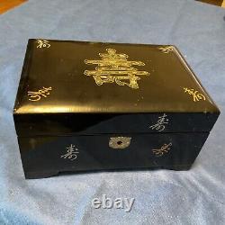 Antique Japanese Wood Music Jewelry Box Black Abalone Inlay Red Velvet 5 Tray