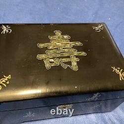 Antique Japanese Wood Music Jewelry Box Black Abalone Inlay Red Velvet 5 Tray