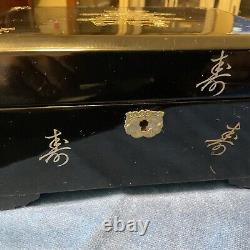 Antique Japanese Wood Music Jewelry Box Black Abalone Inlay Red Velvet 5 Tray