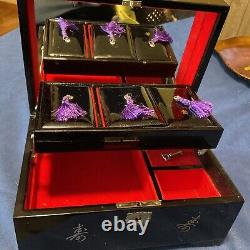 Antique Japanese Wood Music Jewelry Box Black Abalone Inlay Red Velvet 5 Tray