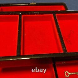 Antique Japanese Wood Music Jewelry Box Black Abalone Inlay Red Velvet 5 Tray