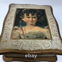 Antique Jewelry Music Wood Box painted Girl Figure multi color Color