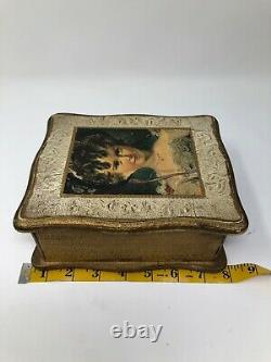 Antique Jewelry Music Wood Box painted Girl Figure multi color Color