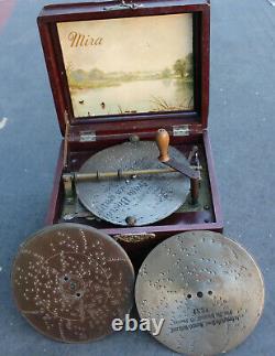 Antique Mira Empress Hand Crank Wood Swiss Music Box & 4 Metal Discs Vintage