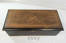 Antique Music Box w Inlaid Wood, 8 Airs 6 Pieces 17 by 8 1/8 by 5 1/4 (MRD)