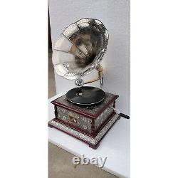 Antique Phonograph Working Vintage Wooden Gramophone Music Box Brass And Wood