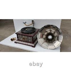 Antique Phonograph Working Vintage Wooden Gramophone Music Box Brass And Wood