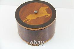 Antique Round Music Box Swiss Horse Star Inlay Wood Working Swiss Rare Decor