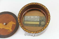 Antique Round Music Box Swiss Horse Star Inlay Wood Working Swiss Rare Decor