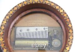 Antique Round Music Box Swiss Horse Star Inlay Wood Working Swiss Rare Decor