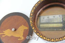 Antique Round Music Box Swiss Horse Star Inlay Wood Working Swiss Rare Decor