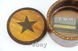 Antique Round Music Box Swiss Horse Star Inlay Wood Working Swiss Rare Decor