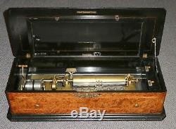Antique SWISS Interchangeable Cylinder MUSIC BOX. 8 airs. Birds Eye Wood. Works