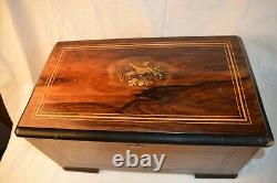 Antique Swiss 8 Song Inlaid Wood Cylinder 3 Bell Music Box For Restore Parts Rep