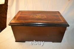 Antique Swiss 8 Song Inlaid Wood Cylinder 3 Bell Music Box For Restore Parts Rep