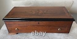Antique Swiss Music Box Marquetry Wood Inlay Top Plays Multiple Songs AS IS 17
