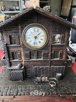 Antique Table Clock Wood House Music Box Working Perfect 1920s 12x5 Wind Up