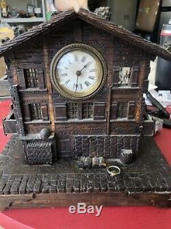 Antique Table Clock Wood House Music Box Working Perfect 1920s 12x5 Wind Up