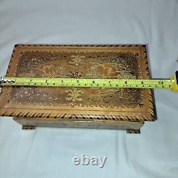 Antique Victorian Marquetry Wooden Inlay Jewelry Trinket Music Box Works