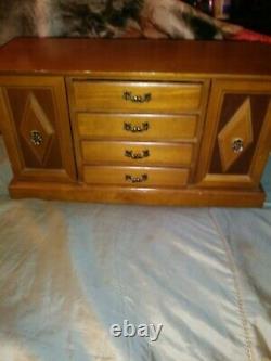 Antique Wood Dresser Musical Jewelry Box 12 Drawers