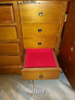Antique Wood Dresser Musical Jewelry Box 12 Drawers