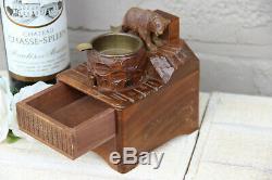 Antique hand Black forest wood carved swiss bear statue music box ashtray