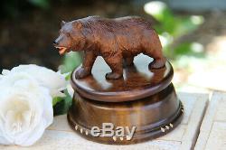 Antique hand Black forest wood carved swiss bear statue music box moving